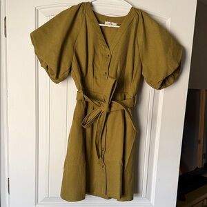 Olive Green Button-Up Dress with Belt